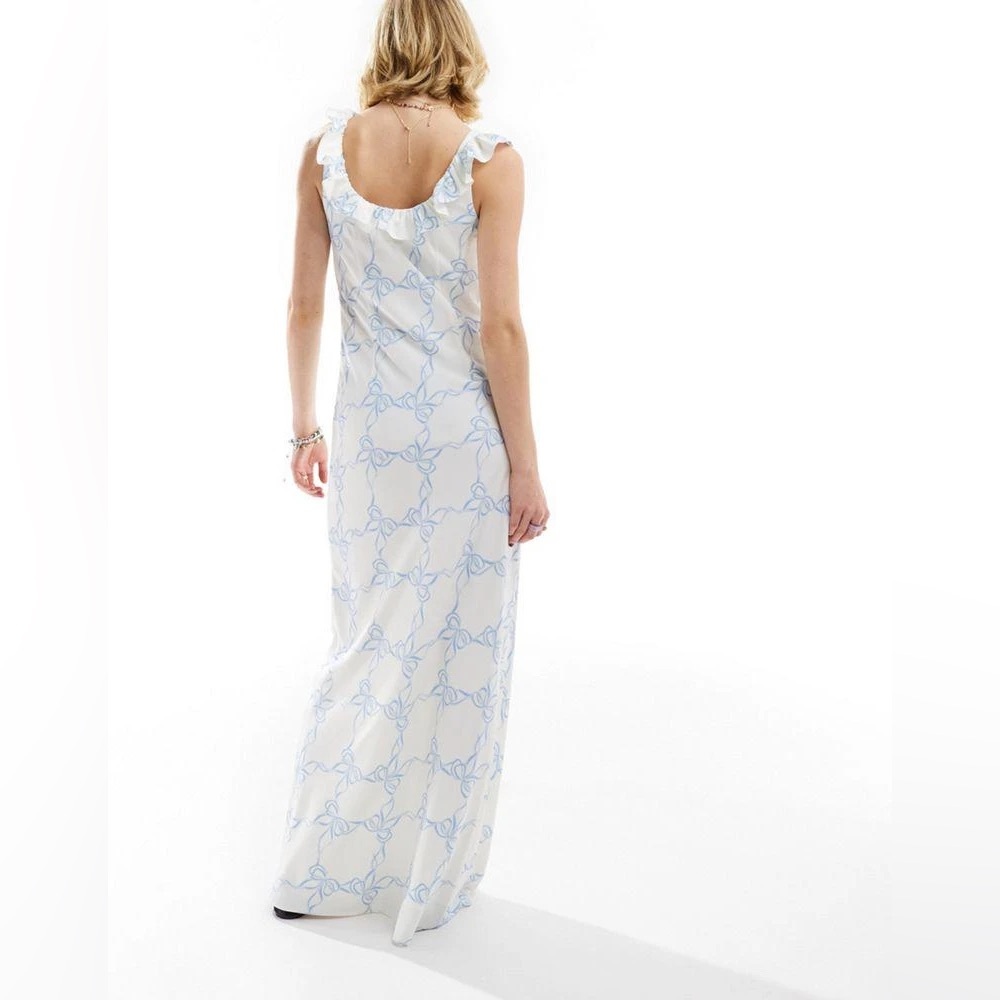 Glamorous Maxi Dress in White with Blue Ribbon Print, Size 6 - Picture 4 of 9